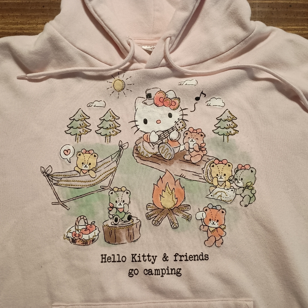 HELLO KITTY HOODIE - Large // Cute Camping Friends Hood Sweatshirt Sweater Pink